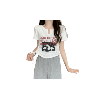JJ shop พร้อมส่ง เสื้อครอปสั้นแขนสั้นไหมพรม แหวกด้านหน้าลายเสื้อน่ารักๆ "M5501"