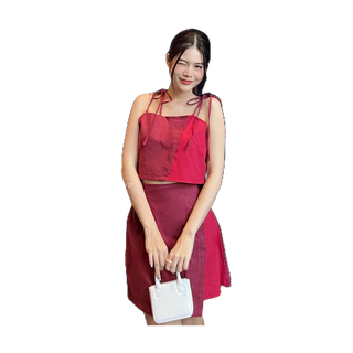 DressyPพร้อมส่ง รหัสP105 ชุดเซ็ท เสื้อครอป สายเดี่ยว ผูกไหล่ กระโปรง สลับสี เก๋ไก๋