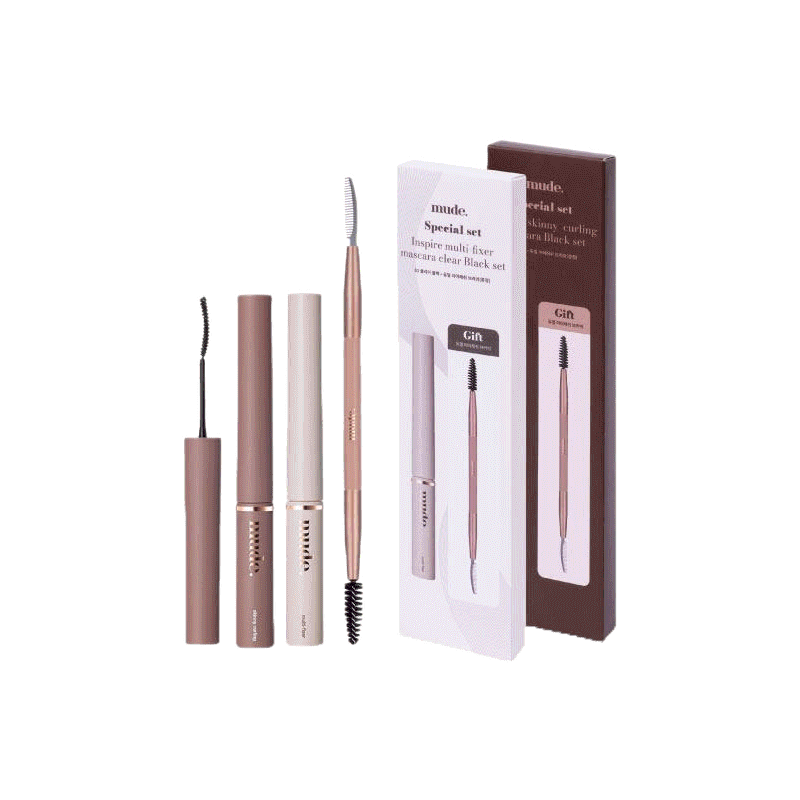 ของแท้:พร้อมส่ง Mude Inspire Skinny Curling & Multi-Fixer Mascara เซ็ทแถมแปรง 2 หัว สำหรับแต่งขนตาและขนคิ้ว