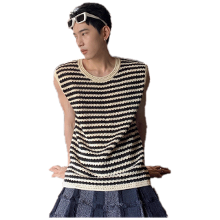 HOTMAN เสื้อกั๊กลายทางวินเทจญี่ปุ่นของผู้ชาย, เสื้อแขนกุดถัก