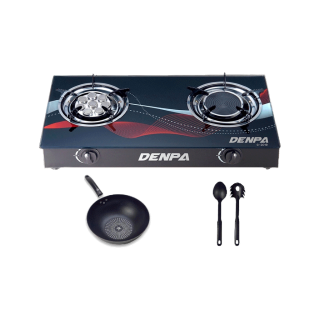 DENPA เตาแก๊สหน้ากระจก เตาแก๊ส2หัว อินฟราเรด เตาแก๊ส พร้อม กระทะ ตะหลิว คละแบบ