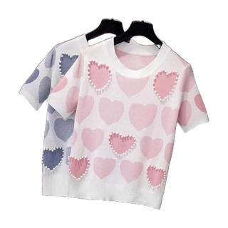 *Miki-Shop*เสื้อไหมพรม แขนสั้น คอกลมไม่ลึก ปักมุก ผ้านิ่ม ใส่สบาย51025 *