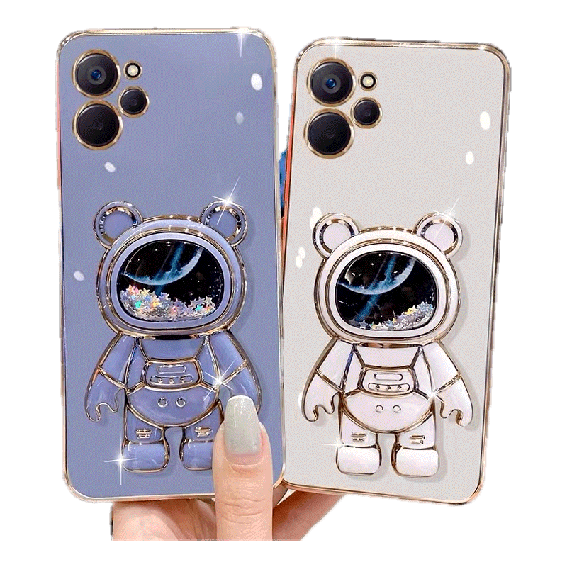 Tpu Cartoon Soft Thin Casing OPPO เคสreno10 Reno 10 7 Pro A37 F A3S A12E F9 Neo9 Realme C1 U1 2 7 Narzo 20 30 50A 50i Pro 4G Cute 3D Bling Star glitter powder Quicksand Bear Astronaut holder 6D Straight edge electroplate Fine Hole Phone Case MMT 14