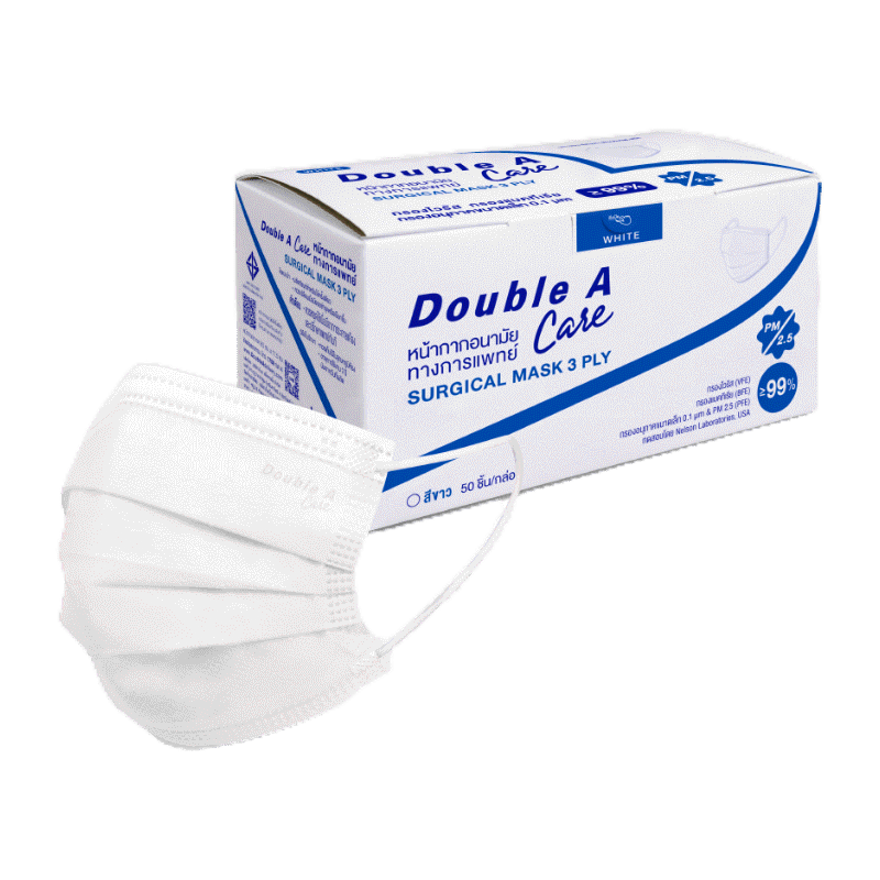 โปรโมชั่น : สีขาว หน้ากากอนามัย 50 ชิ้น แบบกล่อง Double A Care หน้ากากอนามัยทางการแพทย์ ชนิดยางยืด 3 ชั้น สีขาว SURGICAL MASK 3 PLY