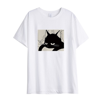 SELVZE（จัดส่งตลอด 24 ชั่วโมง） Printed T-shirt，แมวน่ารักเรียบง่ายพิมพ์เสื้อยืดแขนสั้น T0791