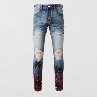 AMIRI European station new high-street mens jeans, coconut print hole slimming version # street fashion jeans