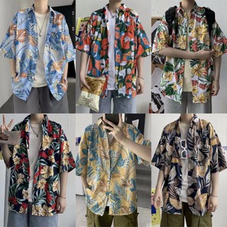 เสื้อลายดอก เสื้อเชิ้ตแขนห้าส่วน ทรงหลวม เหมาะกับเดินชายหาด แฟชั่นฤดูร้อน สไตล์ญี่ปุ่น