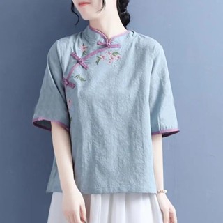 เสื้อกี่เพ้า ผ้าฝ้าย และผ้าลินิน ปักลาย สไตล์ฮั่นฝู แฟชั่นฤดูร้อน สําหรับผู้หญิง ไซซ์ M - 4XL