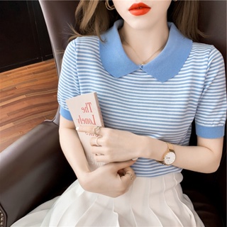 พร้อมส่ง✨ เสื้อยืดแฟชั่น สีฟ้า คอตุ๊กตา ลายทาง ผ้านิต แขนสั้น สไตล์เกาหลี กระโหลก เสื้อทรงหลวม น่ารัก มี 3 สี