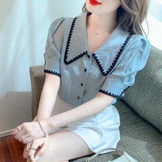 พร้อมส่ง✨  เสื้อชีฟองคอตุ๊กตาหลวม สไตล์เกาหลี แฟชั่นต่างประเทศ เสื้อทำงาน แขนสั้น มี 2 สี