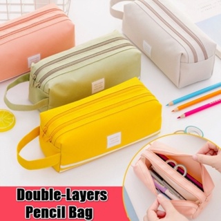 กระเป๋าดินสอ ผ้าออกซ์ฟอร์ด แต่งซิปสองชั้น สีพื้น สีสันสดใส สําหรับเด็กนักเรียนผู้ชาย และผู้หญิง