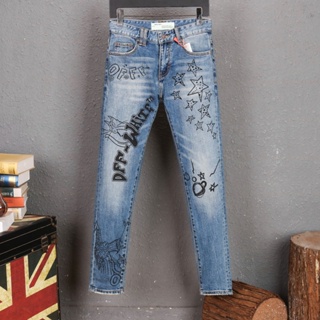กางเกงยีนส์ผู้ชายแฟชั่นไฮสตรีทสไตล์ยุโรปและอเมริกาทรงสลิมพิมพ์ลาย Street Fashion Jeans