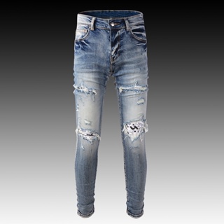 AMIRI กางเกงยีนส์สำหรับผู้ชาย Slim Fit Edition แพทช์พิมพ์แตก#Street Trend Denim