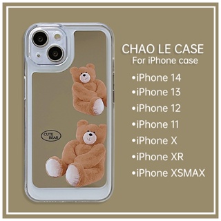 เคสโทรศัพท์กระจกกันกระแทกสำหรับ iPhone 14 Pro Max 13 Pro กรอบ TPU กันกระแทก iPhone 12 Pro 11 เคสพิมพ์ลายหมีน่ารัก