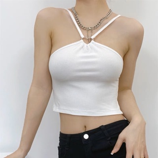 BIGMALL Women Halter Neck Tank Tops, Solid Color Sleeveless Elastic Ring Connected Outwear Casual Tops