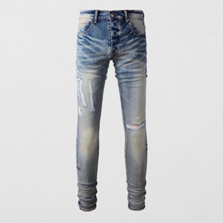 AMIRI New European and American high-street men jeans blue slim version letter-printed LOGO tear style # street fashion jeans