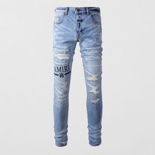 AMIRI European station new men jeans slim fit tear patch letter-printed LOGO # high-street jeans