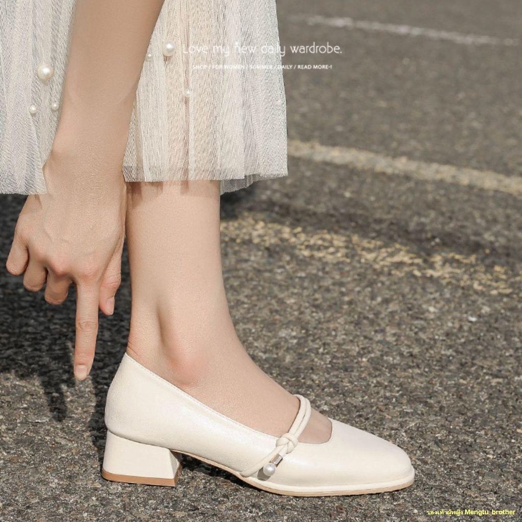 สินค้าเฉพาะจุด-รองเท้าหนังนิ่มหัวเหลี่ยมส้นเตี้ยข้างเดียวส้นหนาสตรีรองเท้าแมรี่เจนส้นกลาง