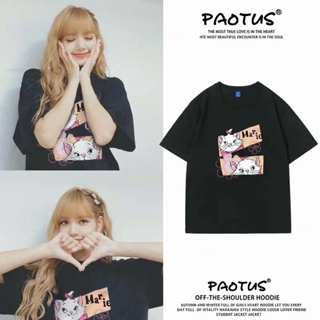 เสื้อยืด วัสดุผ้าฝ้ายบริสุทธิ์ ▼✙Lisa เดียวกัน Mary cat เสื้อยืดผู้หญิงแขนสั้นผ้าฝ้ายการ์ตูนใหม่