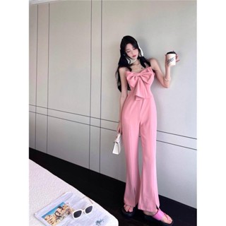 🌈ฤดูร้อนใหม่ของผู้หญิงแฟชั่นต่างประเทศสไตล์โบว์ใหญ่กรีดกางเกงขากว้างจั๊มสูทสายเดี่ยว