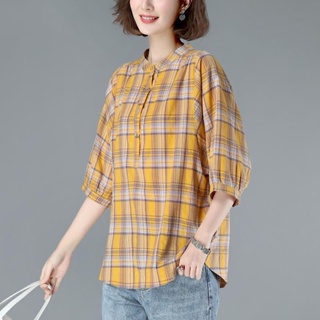 C26๑♂ผ้าฝ้ายผู้หญิงเสื้อลายสก๊อตฤดูร้อนชุดใหม่เกาหลีเสื้อหลวมแขนสั้นแม่ชุดลำลองแขนสามส่วนด้านบน