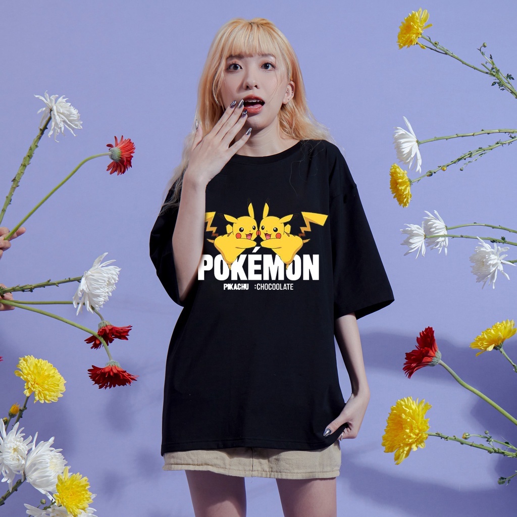 สะดวกสบายเสื้อยืด-เสื้อยืดลายกราฟิก-pok-mon-pikachu-pokemon-cotton-tshirt-anime-ออกแบบเสื้อ