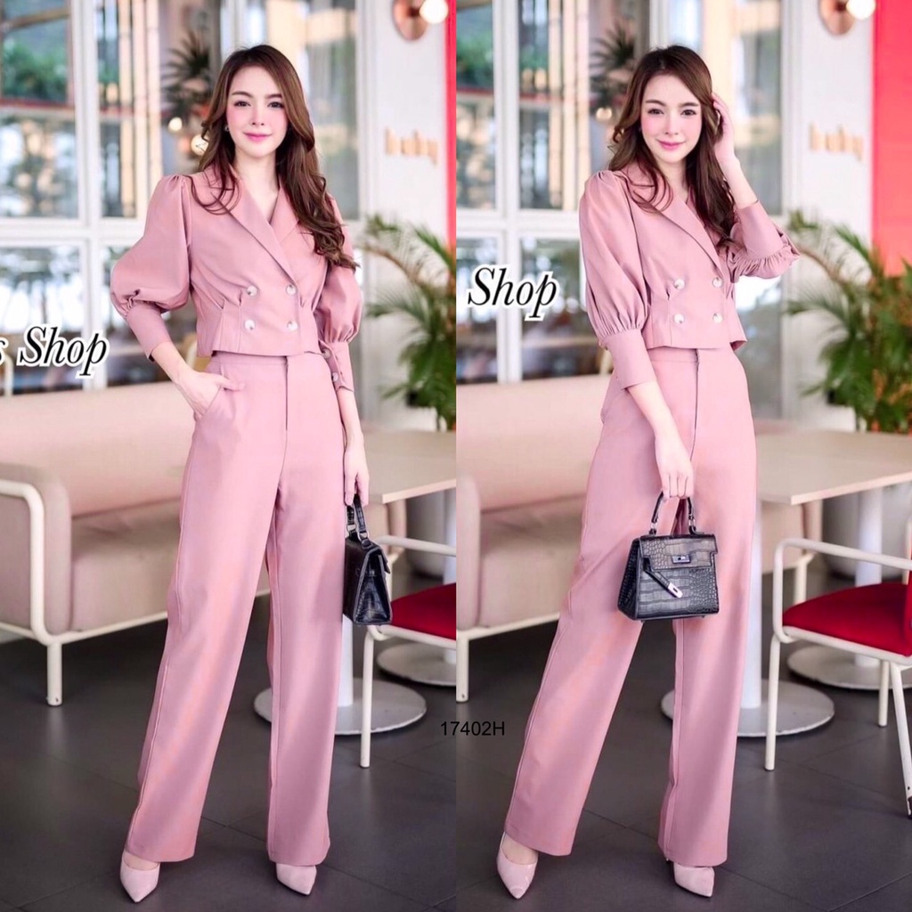 s4u-พร้อมส่ง-set-เสื้อแขนพอง-คอปกสูทกระดุมหน้า-กางเกงขายาว-ชุดเซ็ต-ชุดเดรส-ทำงาน-งานแต่ง-เสื้อผ้าสาวอวบ-สไตล์เกาหลี