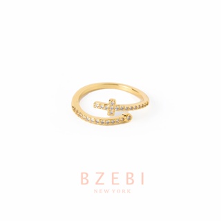 BZEBI สําหรับผู้หญิง jewelry แหวนทองแท้ เพชร ทองคํา ring ไม้กางเขน เครื่องประดับ ไม่ลอกไม่ดํา 18k สีทอง สําหรับผู้หญิง 1132r