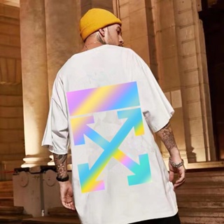 S-8XL OFF cotton summer new style Korean personality colorful reflective arrow print short-sleeved T-shirt for men _03