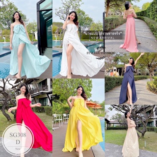 ES308  Maxi Dress เดรสยาวพริ้วสวย อกแต่งโบว์น่ารักมาก เอวด้านหลังเป็นยางยืด กระโปรงผ่าด้านหน้า ขนาด อกฟรีไซต์ สะโพกฟรีไซ