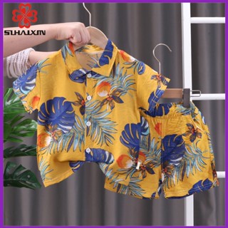 Boys Water Splashing Shirt Boys Shirt Set Casual Short Sleeve Top+shorts Loose Flower Pattern Suitable for Beach Walking