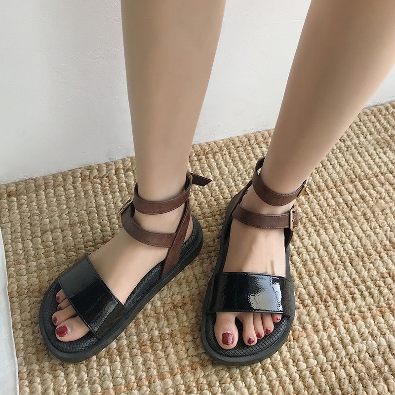 รองเท้าส้นเตี้ยผู้หญิง-2023-ฤดูร้อนใหม่สไตล์เกาหลีรองเท้าแตะสีดำสำหรับผู้หญิง