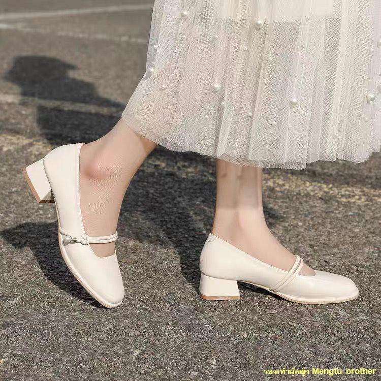 สินค้าเฉพาะจุด-รองเท้าหนังนิ่มหัวเหลี่ยมส้นเตี้ยข้างเดียวส้นหนาสตรีรองเท้าแมรี่เจนส้นกลาง