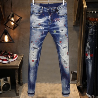 DSQUAD2 Fashion Streetwear Men Jeans Retro Blue Beading Embroidery Designer Ripped Jeans Men Printed Brand Hip Hop Denim Pants Hombre