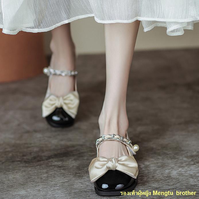 พร้อมส่ง-fragrant-mary-jane-shoes-women-s-new-bowknot-pearl-chain-flat-leather-shoes