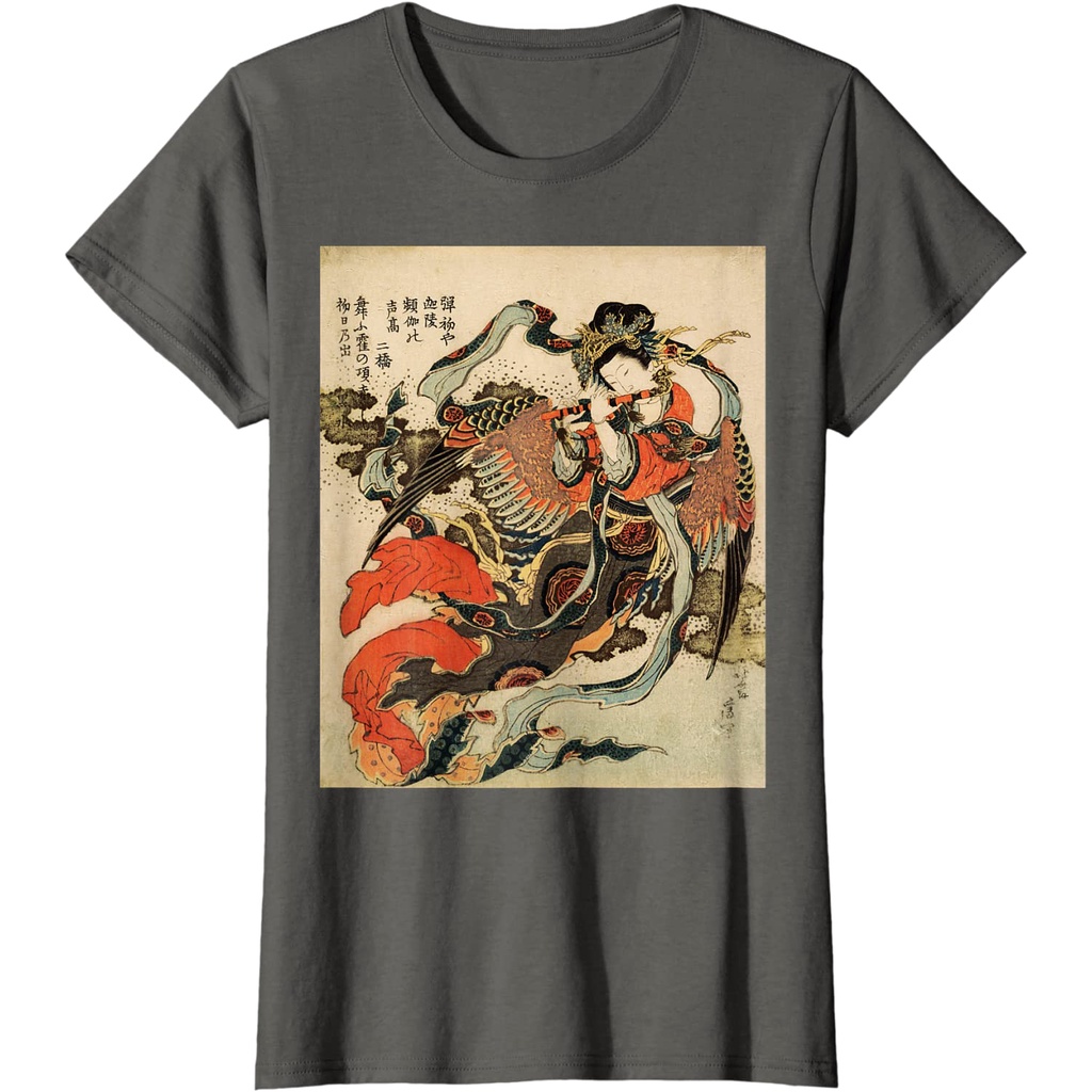 ญี่ปุ่นย้อนยุควินเทจงานศิลปะ-tengu-เทพธิดาเล่นขลุ่ยเสื้อยืด
