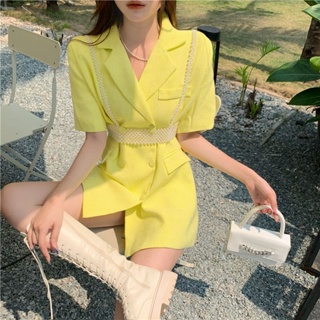 Summer new vintage lapel double-breasted suit dress female + fashion design sense individual vest two-piece set
