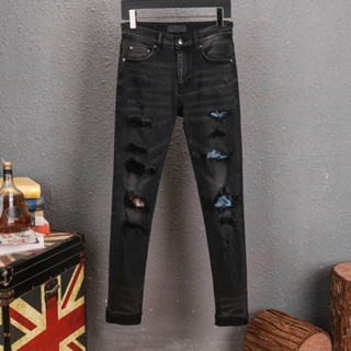 AMIRI Men Jeans Street Fashion Slim Fit Fit Hole Color Patch Retro Casual Style # High Street Denim