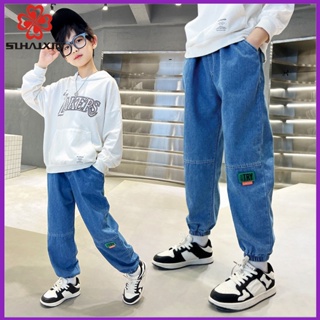 กางเกงยีนขายาวลําลอง สีฟ้า กางเกงยีนเด็กชาย เกาหลี กางเกงยีนส์เด็กโต 4-13 ปี ใส่สบายๆ