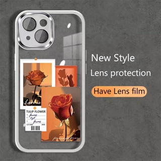 เคสฟิล์มโลหะ ป้องกันเลนส์ ลายดอกกุหลาบน่ารัก สําหรับ iphone 14promax 11 13 12 7Plus X XS Max 7 8