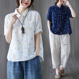 C26◙❀เสื้อพิมพ์ลายดอกไม้ที่ไม่ซ้ำกัน,เสื้อเชิ้ตแขนสั้นสำหรับผู้หญิง,เสื้อเชิ้ตผ้าฝ้ายสองชั้น,ดูดซับเหงื่อได้ดี