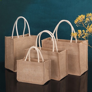 ✿ เริ่มต้น ✿  Burlap Tote Bags Blank Jute Beach Shoppingกระเป๋าถือถุงของขวัญพร้อมหูหิ้ว