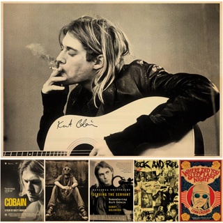 โปสเตอร์กระดาษคราฟท์ ลายนักร้อง Kurt Cobain Rock and Roll Music สไตล์วินเทจ สําหรับตกแต่งผนังบ้าน บาร์ คาเฟ่ DIY