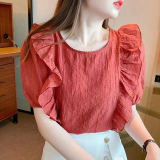 ◙Ruffled พัฟแขนคอกลมเสื้อชีฟองผู้หญิง 2023 ฤดูร้อนใหม่แขนสั้นลดอายุซุปเปอร์นางฟ้าแนวโน้มเสื้อเชิ้ตสไตล์ตะวันตก