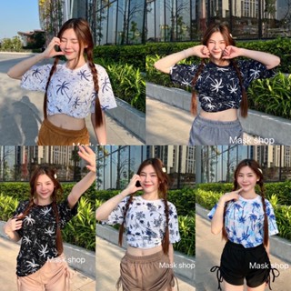 Dzaishop💕งานสบายๆชิวๆ เสื้อคอกลมลายต้นมะพร้าว🌴งานผ้าคอตตอล ใส่ได้ทั้งหญิงและชายเลยน้าาา