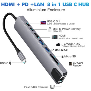 8 In 1 ตัวแยก USB Type C สําหรับ 4K HDMI RJ45 Ethernet 3.0 TF Card Reader PD Power Distribution Mac-cbook Pro Dock