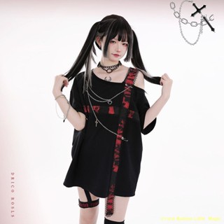 พร้อมส่ง💖Millennium yk hot girl dark black red cross ที่ไม่มีสายหนังด้านบนหลวมเย็บเสื้อยืดแขนสั้น