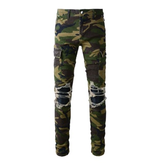 AMIRI men jeans camouflage slim fit perforated leather patch # high street denim