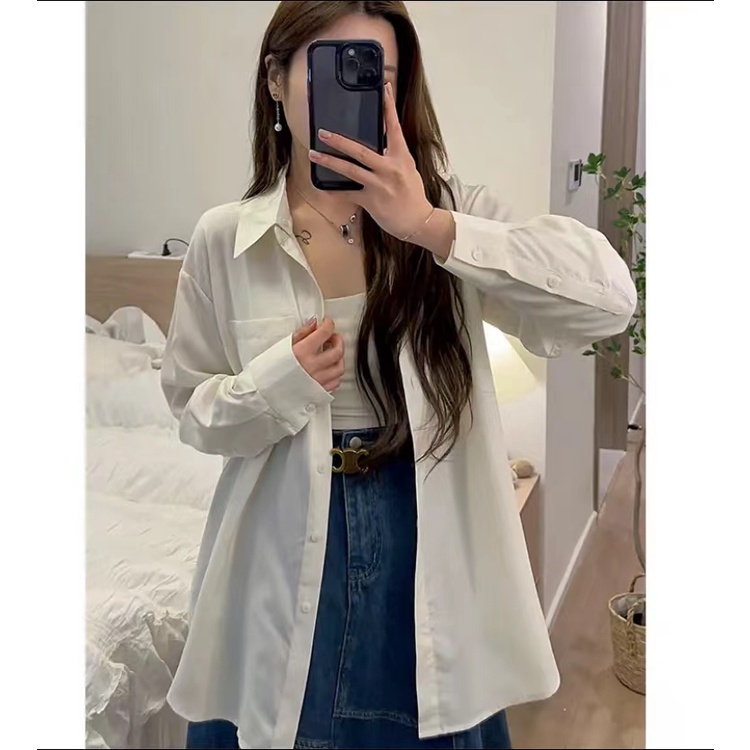 ไขมันเล็กน้อยและการออกแบบขนาดใหญ่ความรู้สึกเฉพาะคอปกสองสวมเสื้อเชิ้ตสีทึบหลวมด้านบนกระชับสัดส่วน