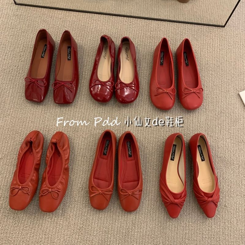 รองเท้านางฟ้าส้นแบน-2023-ฤดูใบไม้ผลิและฤดูร้อนใหม่รองเท้าแต่งงานสีแดงของเกาหลี